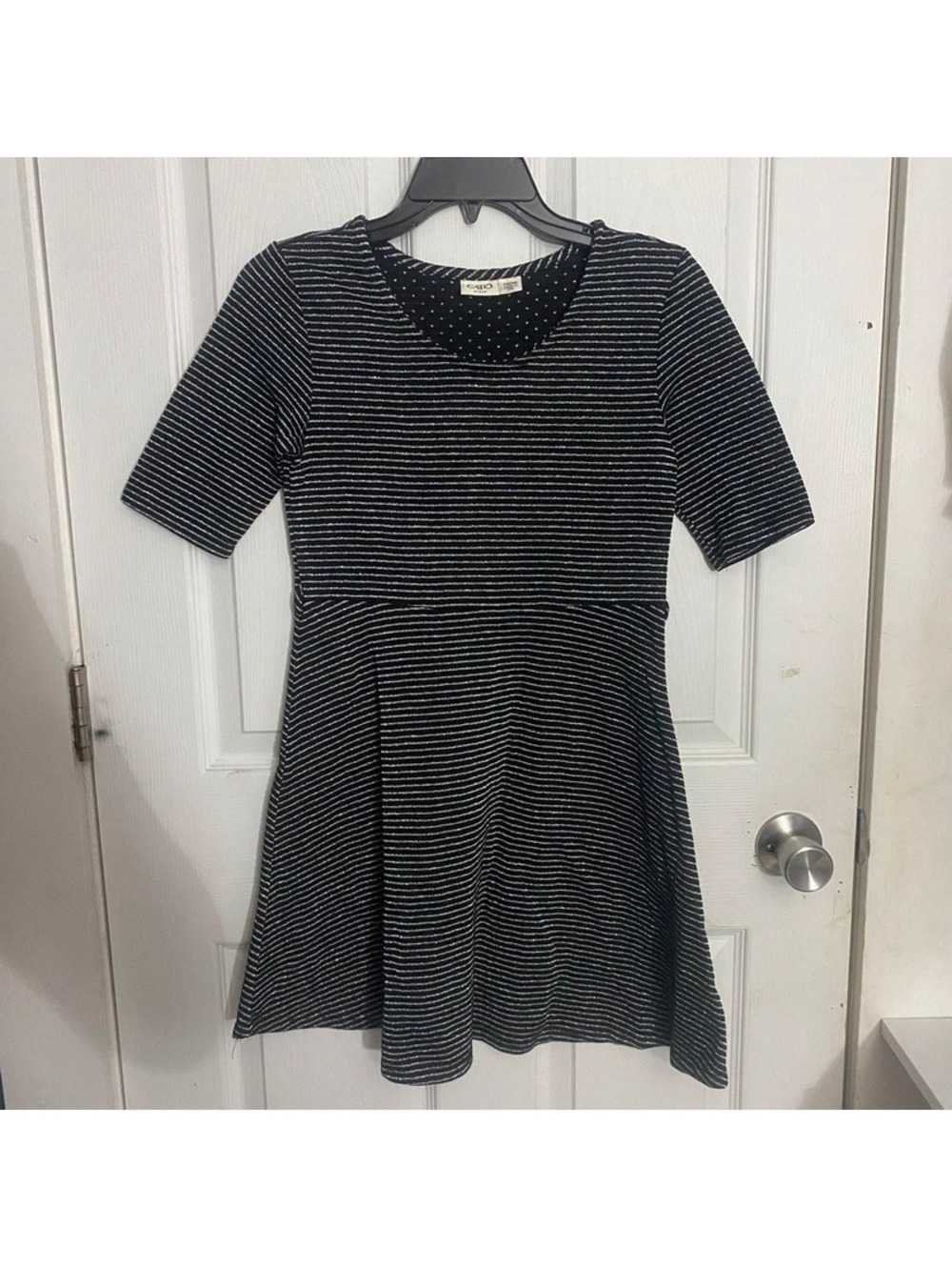 Girls Black Silver Striped Dress L 12 14